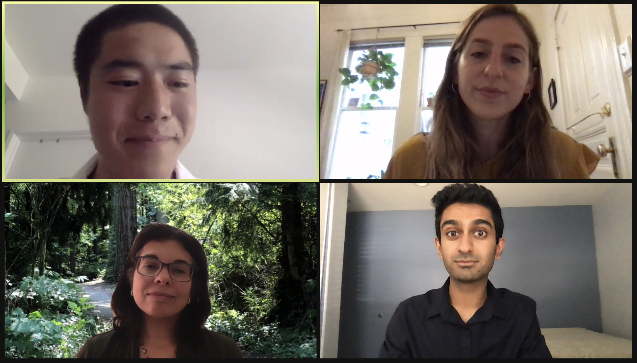 Clockwise from upper left: Jonathan Lu (Stanford), Karly Kampshire (UCSF), Raj Fadadu (UCSF), and Dr. Arianne Teherani (UCSF) host the education and curriculum reform session during the NorCal Symposium on Climate and Pandemic Resilience in Health Care on September 25, 2020.