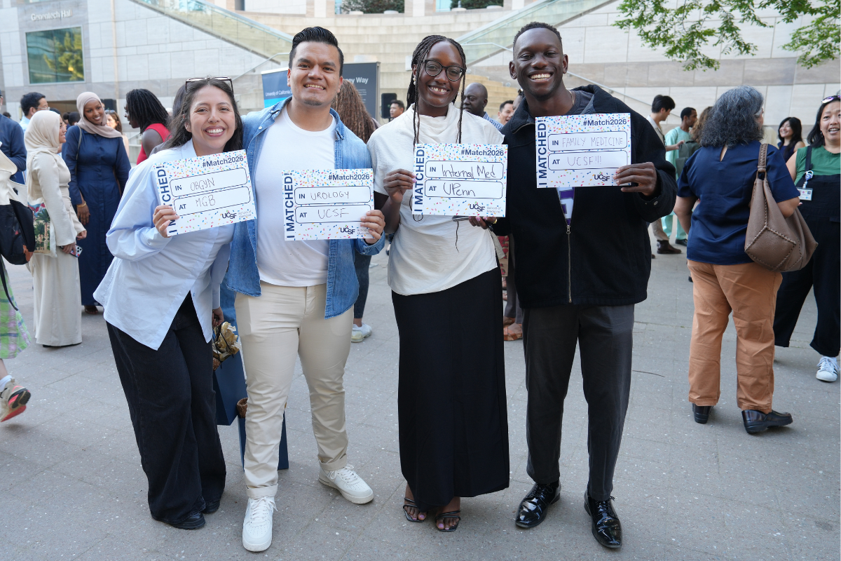 From left to right: Yensy Zetino, who matched in Obstetrics-Gynecology at Mass General Brigham; Pablo Suarez Proano, who matched in Urology at UCSF; Jessica Ainooson, who matched in Internal Medicine at the University of Pennsylvania, and Kweku Djan, who matched in Family Medicine at UCSF.