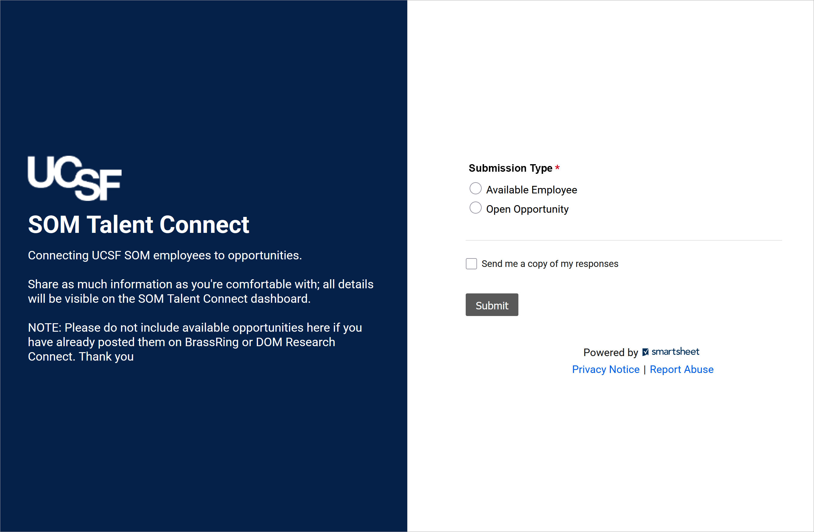 screenshot of the SOM Talent Connect Form