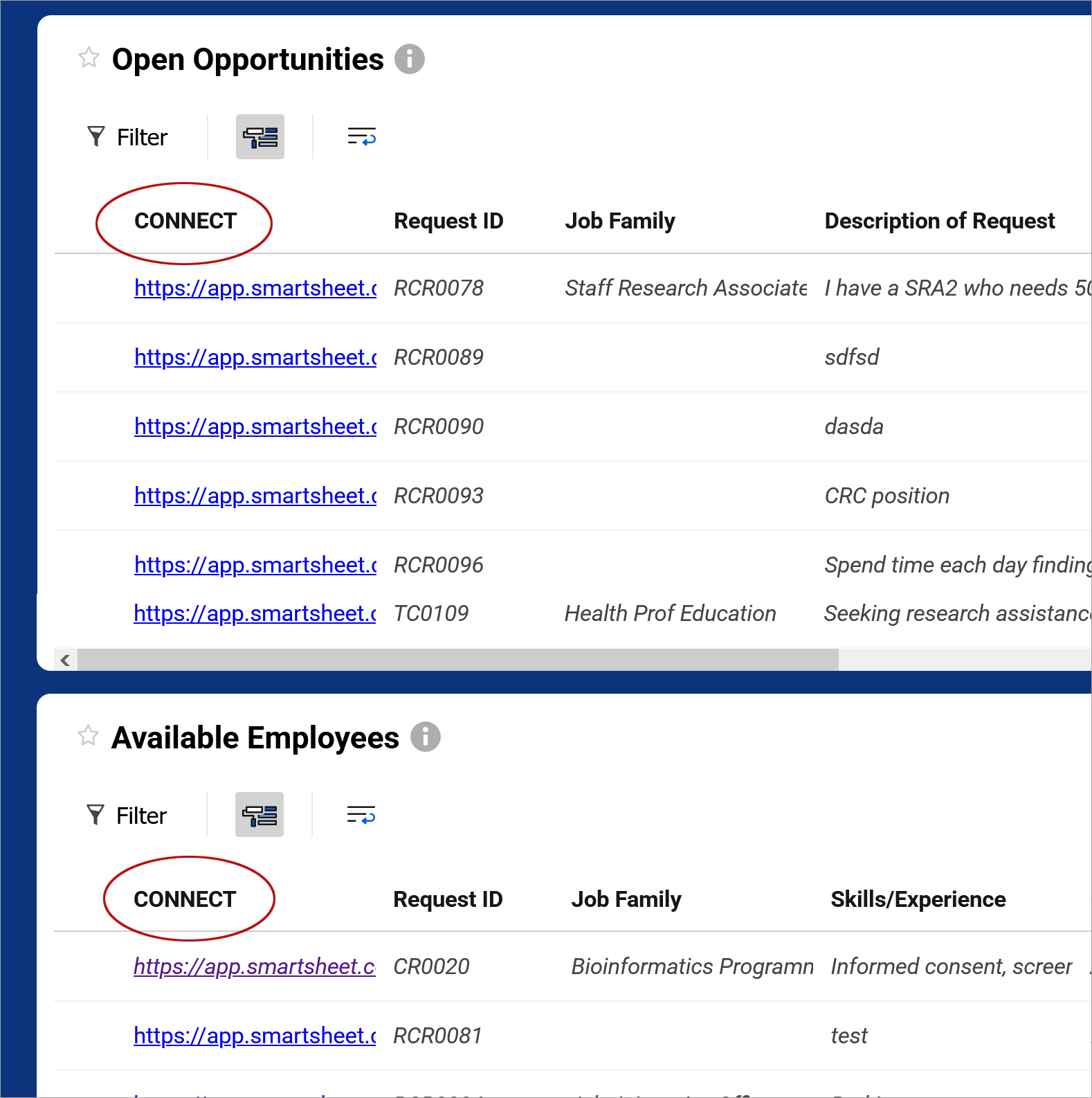 detail screenshot of the SOM Talent Connect Dashboard, showing opportunity connect links