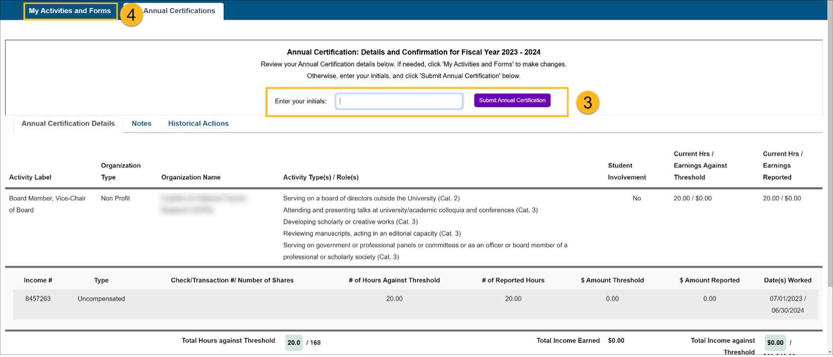 screenshot of OATS open to submit annual certification screen