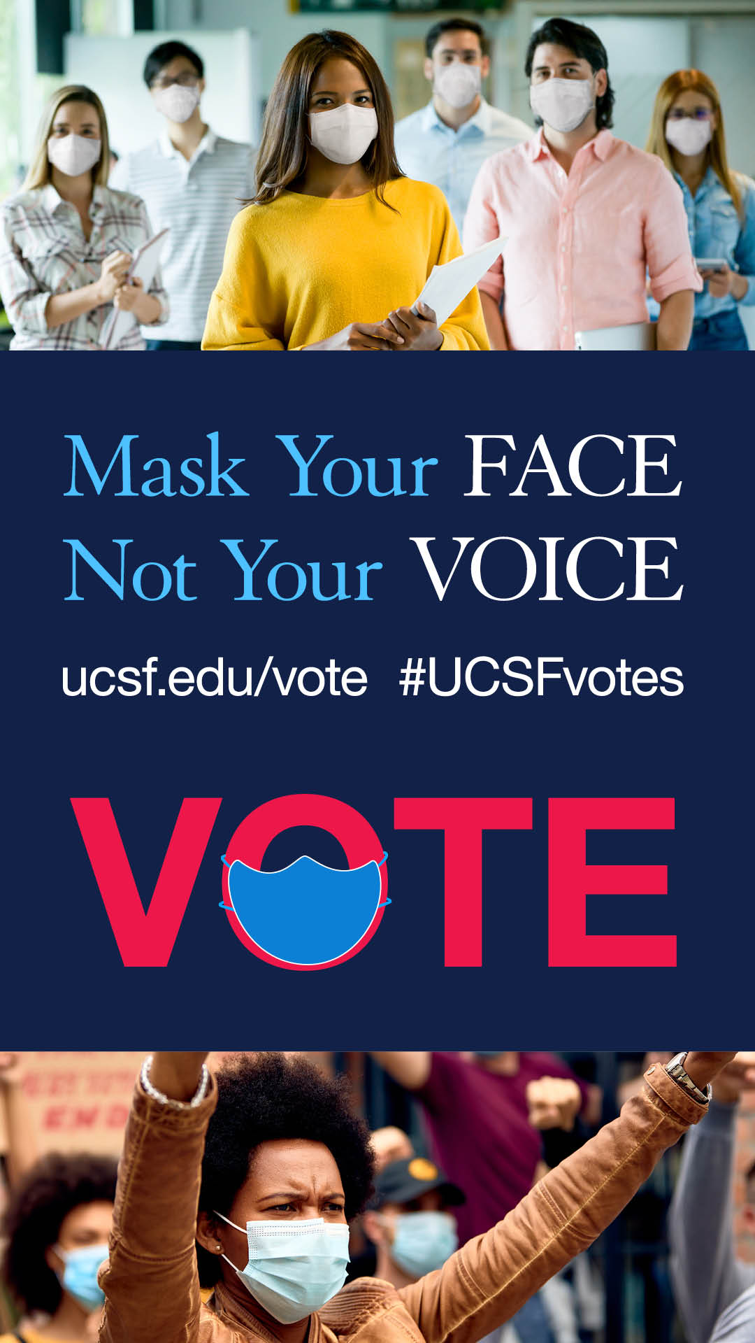 A promotional graphic that says "mask your face, not your vote"