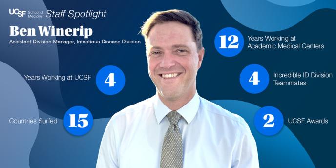 Ben Winerip, Assistant Division Manager for the Infectious Diseases Division, supports complex operations at UCSF—bringing adaptability shaped by years in academic medicine and a lifelong passion for surfing. Photo by Lorraine Hart.